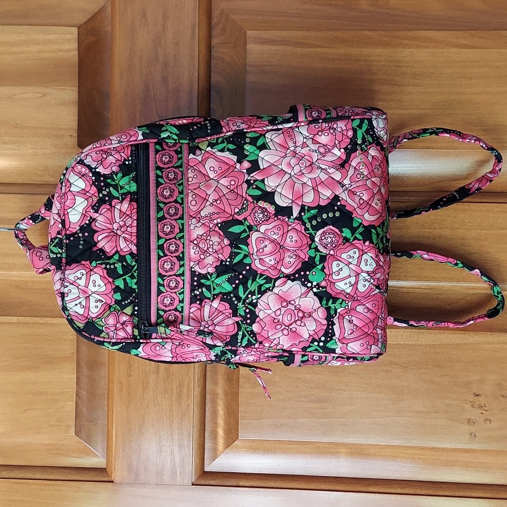 Girl's School Backpack Salmon, Black Fabric Floral Pattern Size Medium, Like New